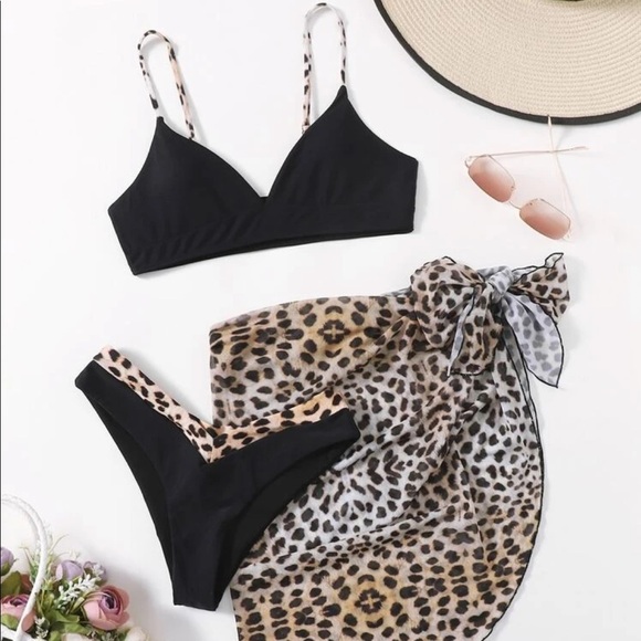 Black Leopard Print 3 Pc Bikini Set w/ Beach Skirt - Picture 1 of 6